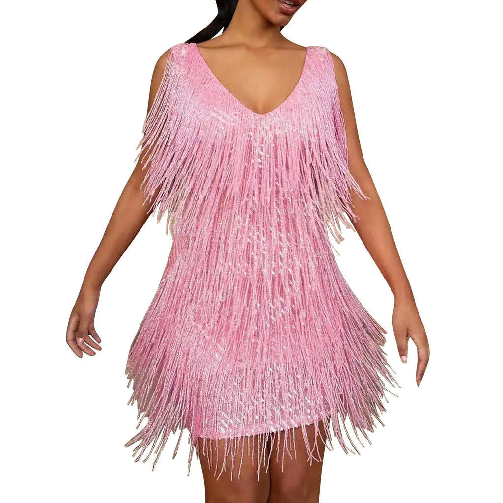 Black Sequin and Tassel Fringe Mini Dress with Plunging V-Neckline