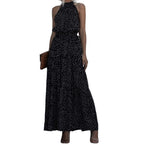 Halter Neck Polka Dot Maxi Dress with Sleeveless A-Line Silhouette