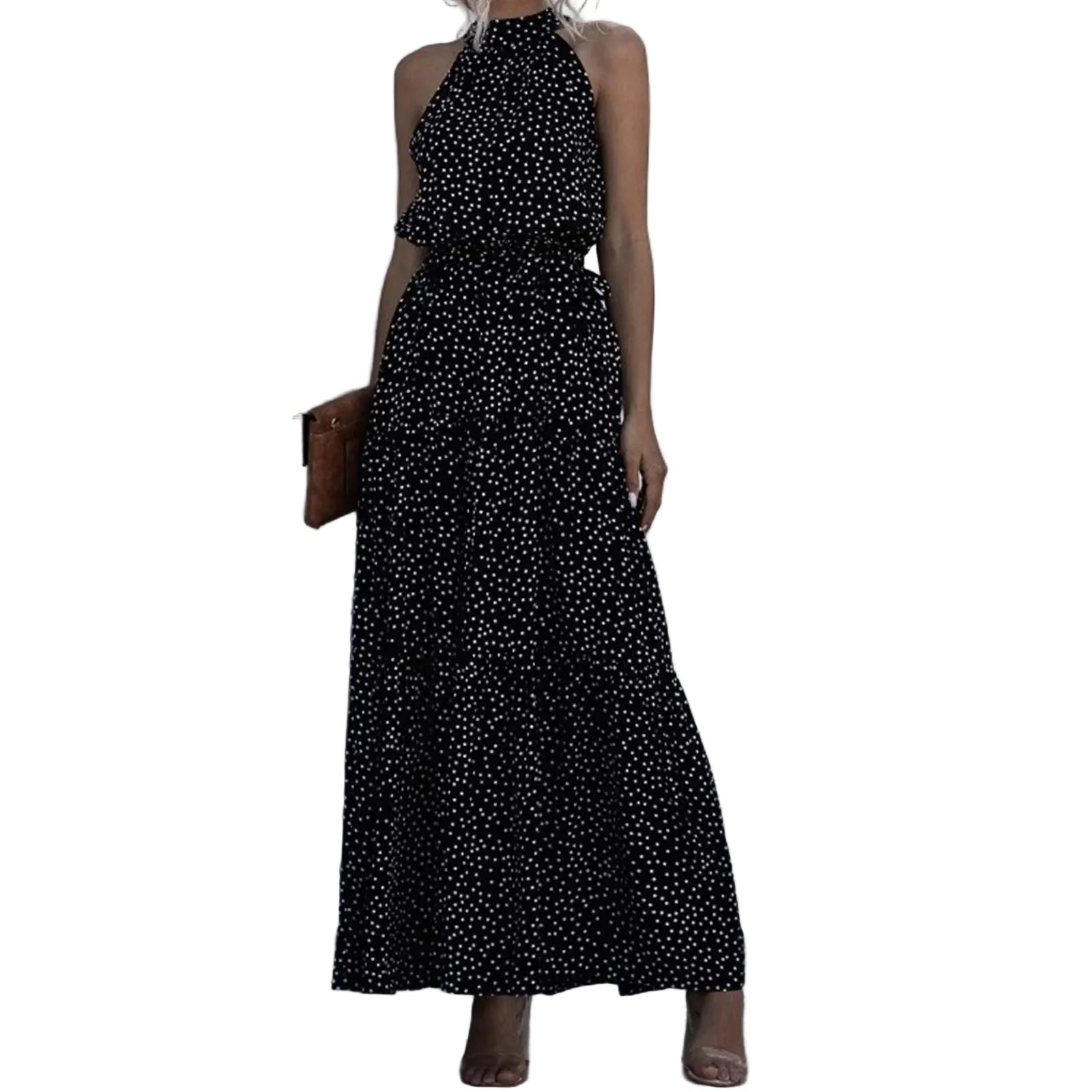 Halter Neck Polka Dot Maxi Dress with Sleeveless A-Line Silhouette