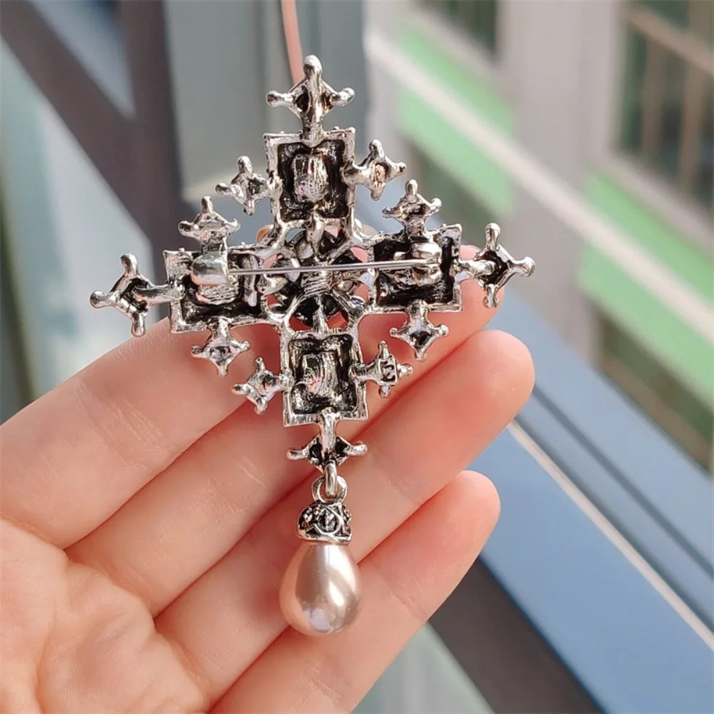 Baroque Cross Statement Brooch with Ornate Pendant Detail