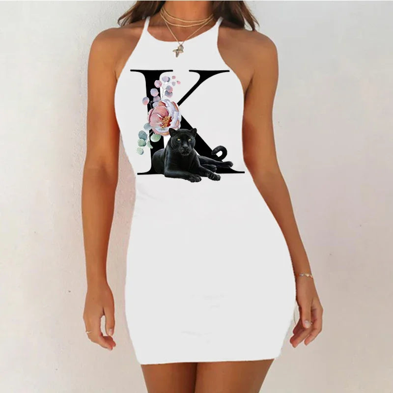 White Sleeveless Mini Nightgown with Bold Black Letter and Graphic Print, Slim Silhouette and Above-Knee Length