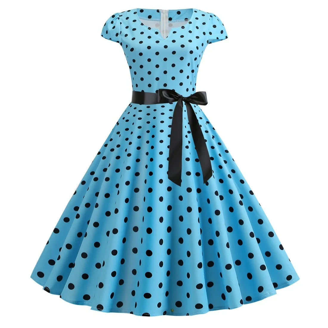 Retro Red and White Polka Dot Swing Dress with Black Waist Tie