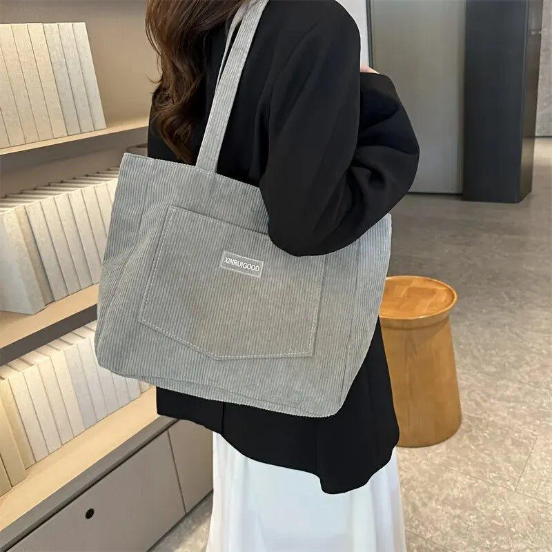 Large Capacity Corduroy Tote Shoulder Bag with Front Pocket Detail
