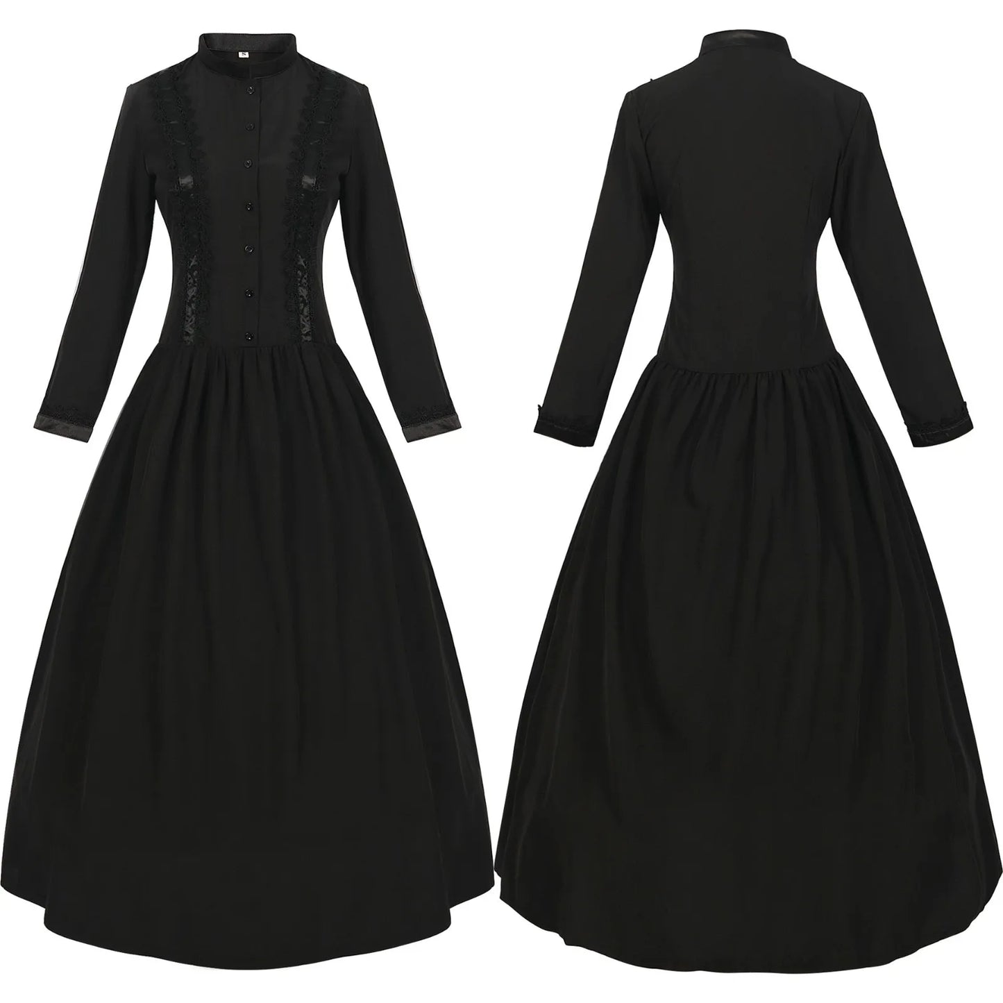 Victorian Gothic High-Neck Button Front Maxi Dress with Classic Elegance