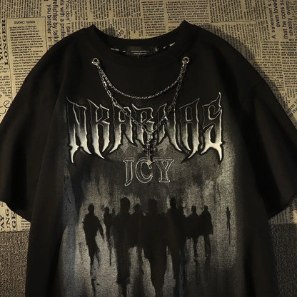 Oversized Vintage Silhouette Graphic Cotton T-Shirt with Dark Streetwear Aesthetic