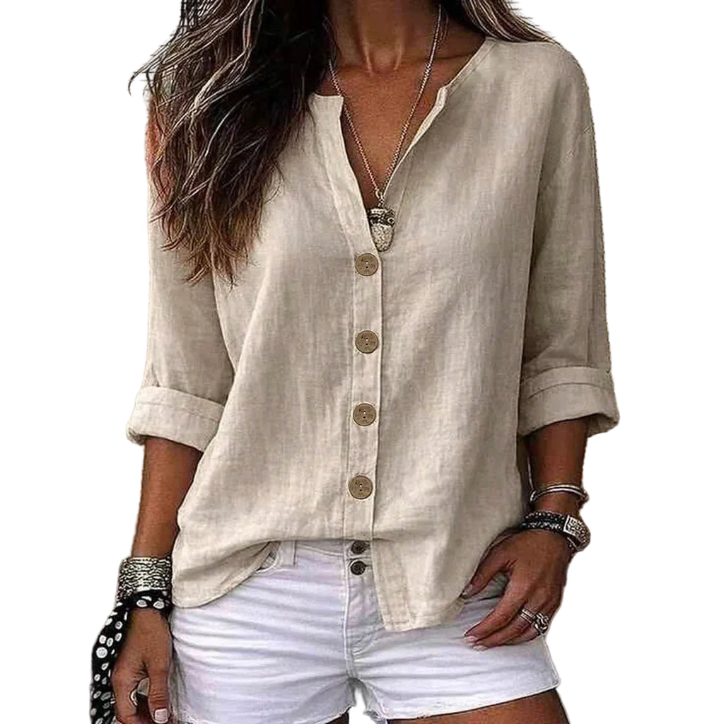 Relaxed V-Neck Linen-Textured Blouse with Wooden Button Accents and Rolled Sleeves