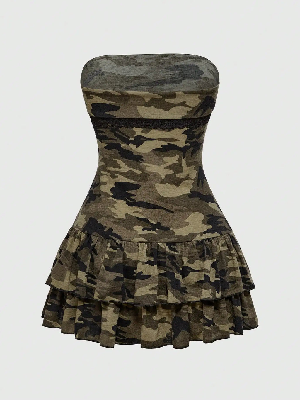 Camouflage Print Strapless Peplum Mini Dress with Halter Detail Contemporary Style