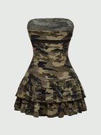 Camouflage Print Strapless Peplum Mini Dress with Halter Detail Contemporary Style