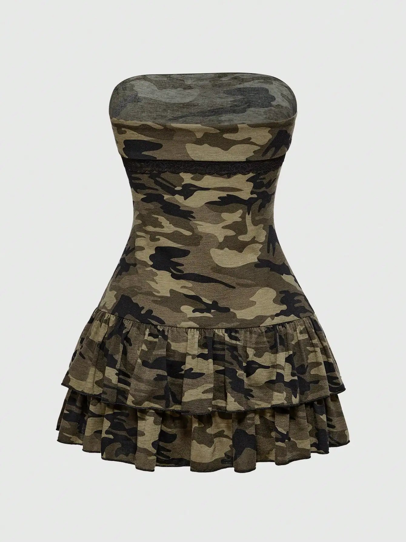 Camouflage Print Strapless Peplum Mini Dress with Halter Detail Contemporary Style