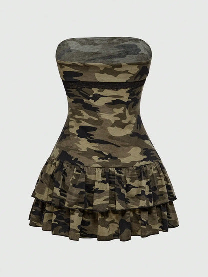 Camouflage Print Strapless Peplum Mini Dress with Halter Detail Contemporary Style