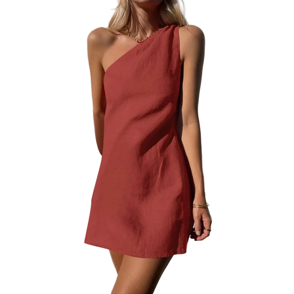Minimalist One-Shoulder Mini Dress in Solid Earth Tone