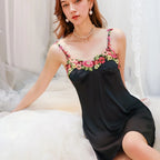Chartreuse Satin-Finish Slip Dress with Vibrant Floral Embroidery