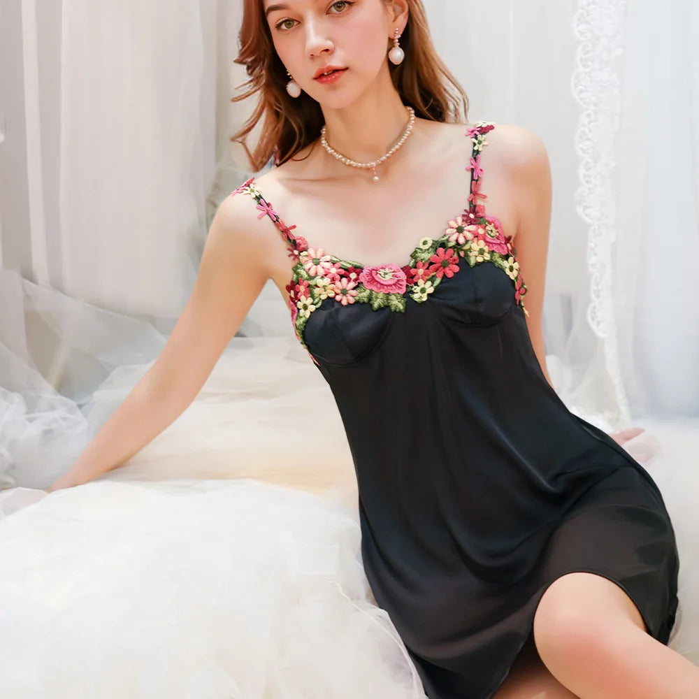 Chartreuse Satin-Finish Slip Dress with Vibrant Floral Embroidery