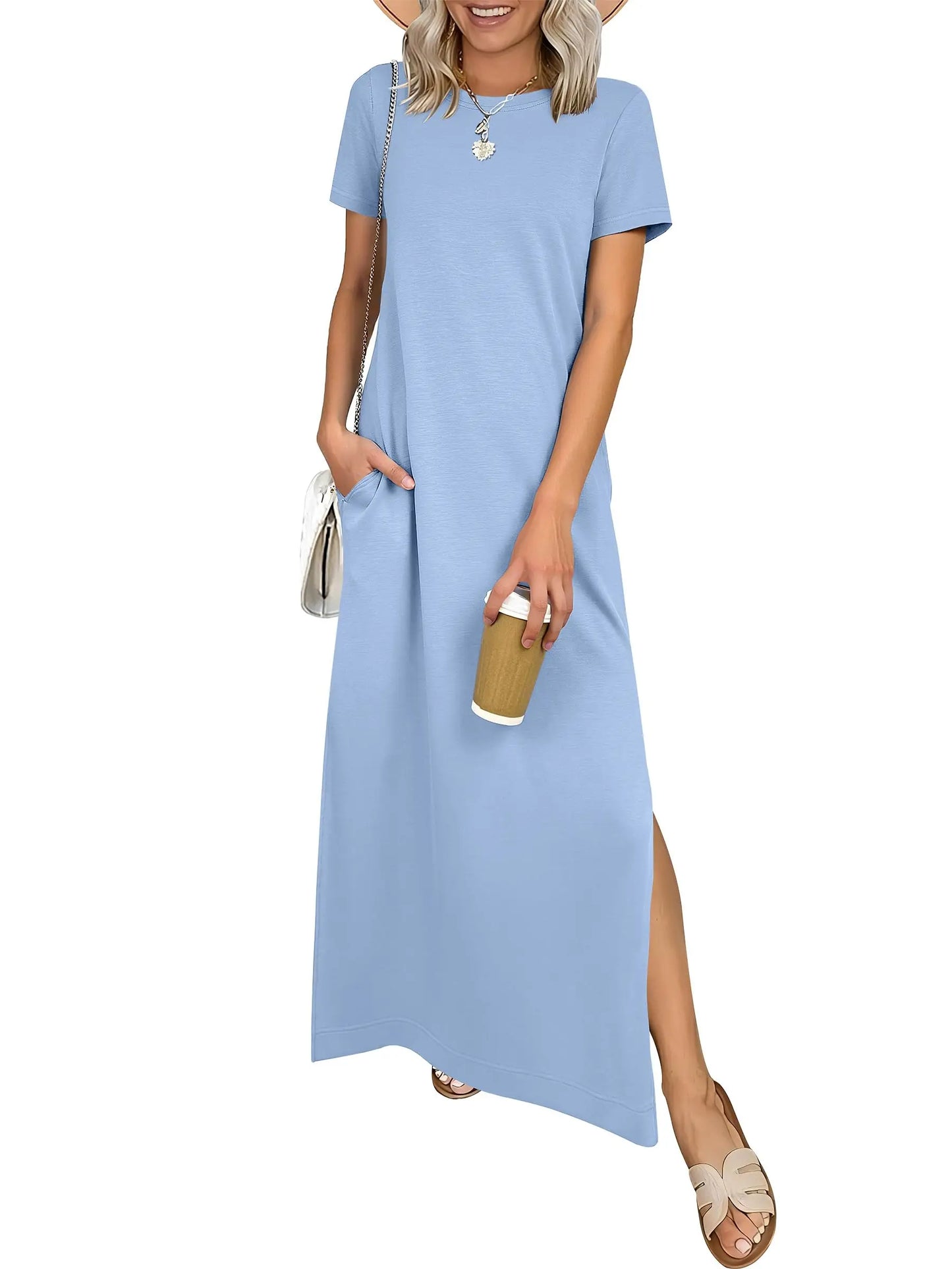 Relaxed Crew Neck Maxi Dress with Side Slits and Functional Pockets