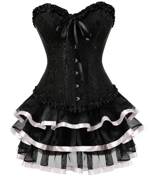 Black Floral Brocade Overbust Corset and Tiered Ruffle Skirt Set