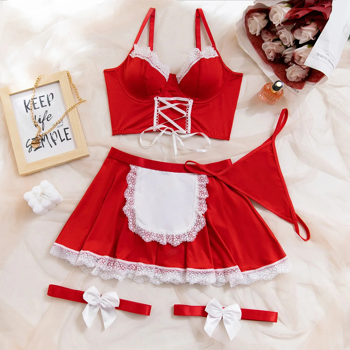 Playful Ruffled Satin-Finish Bralette and Skirt Set with Apron Detailing