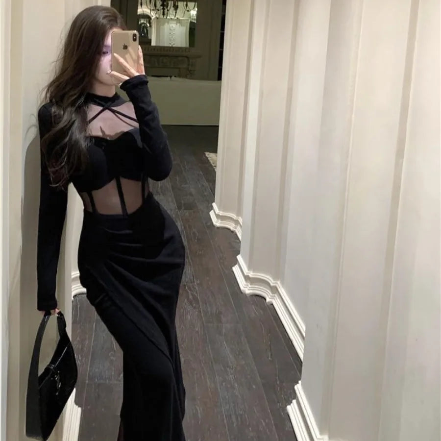 Cutout Strap Detail Gothic Bodycon Alternative Maxi Dress