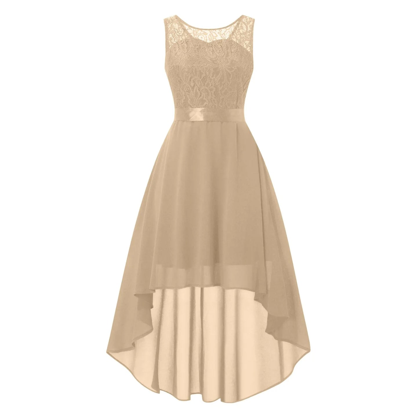 Sleeveless High Low Midi Dress with Waist Tie and Flowing A-Line Shape
