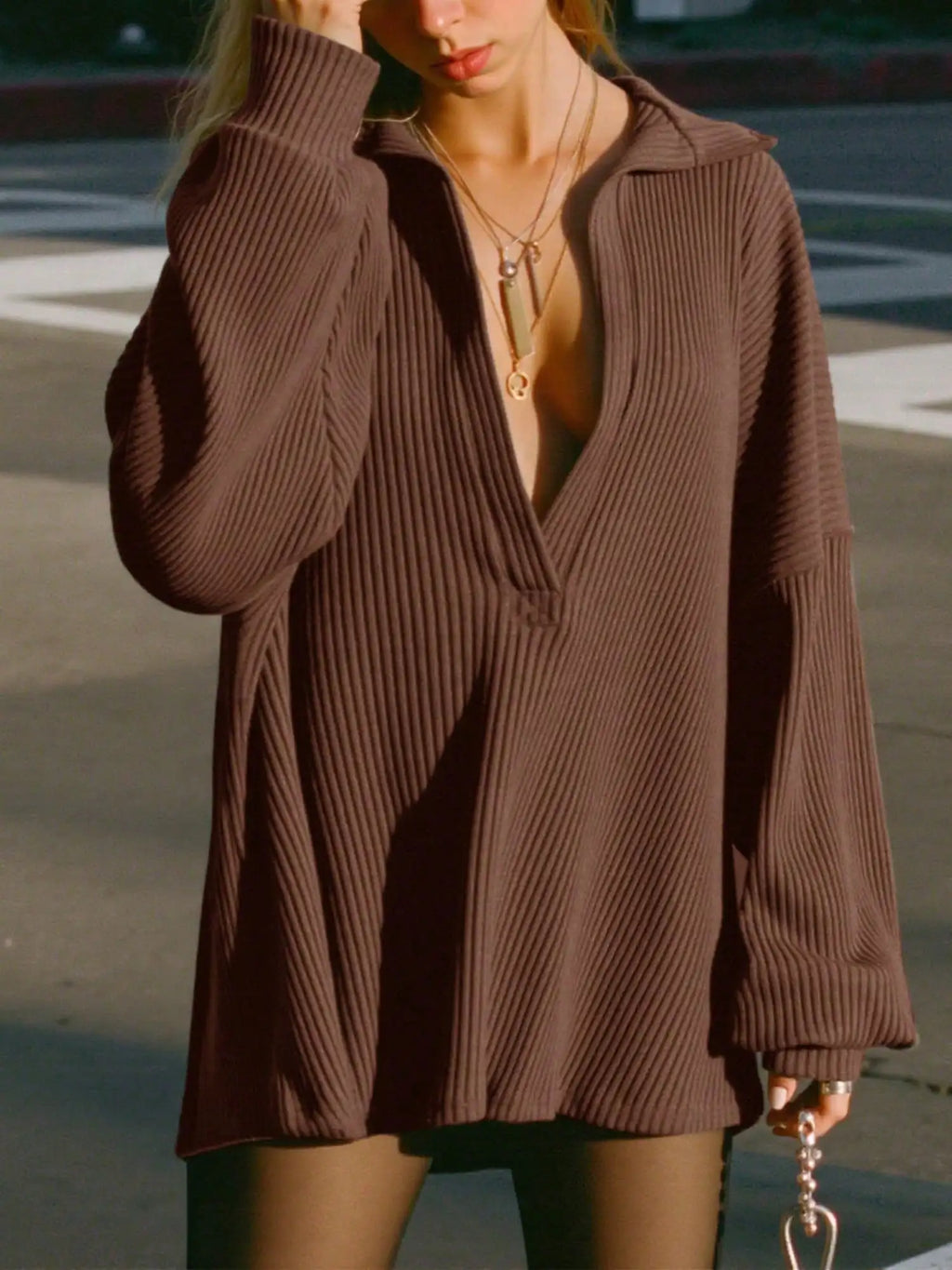 Deep V-Neck Oversized Knit Top with Relaxed Long Sleeve Streetwear Styling