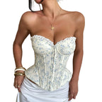 Delicate Blue and White Floral Strapless Corset with Scalloped Lace Trim