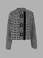 Retro Houndstooth Stand Collar Jacket with Tailored Vintage Inspired Silhouette