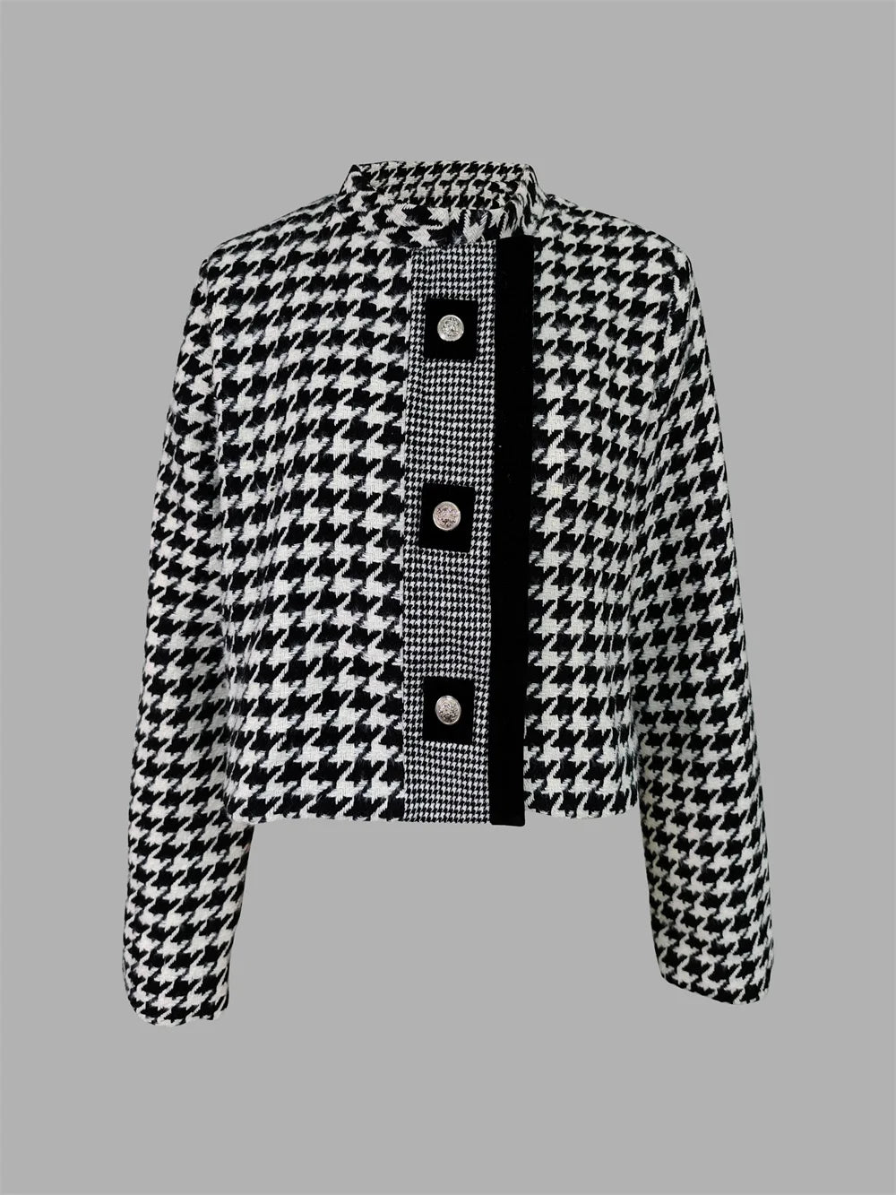 Retro Houndstooth Stand Collar Jacket with Tailored Vintage Inspired Silhouette