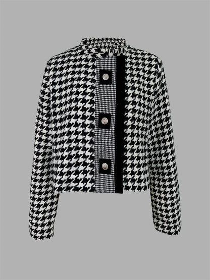 Retro Houndstooth Stand Collar Jacket with Tailored Vintage Inspired Silhouette