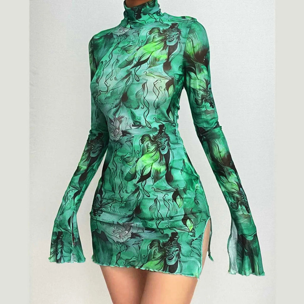 Abstract Mesh Bodycon Mini Dress with Bell Sleeves and Sheer Streetwear Styling