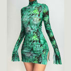 Abstract Mesh Bodycon Mini Dress with Bell Sleeves and Sheer Streetwear Styling