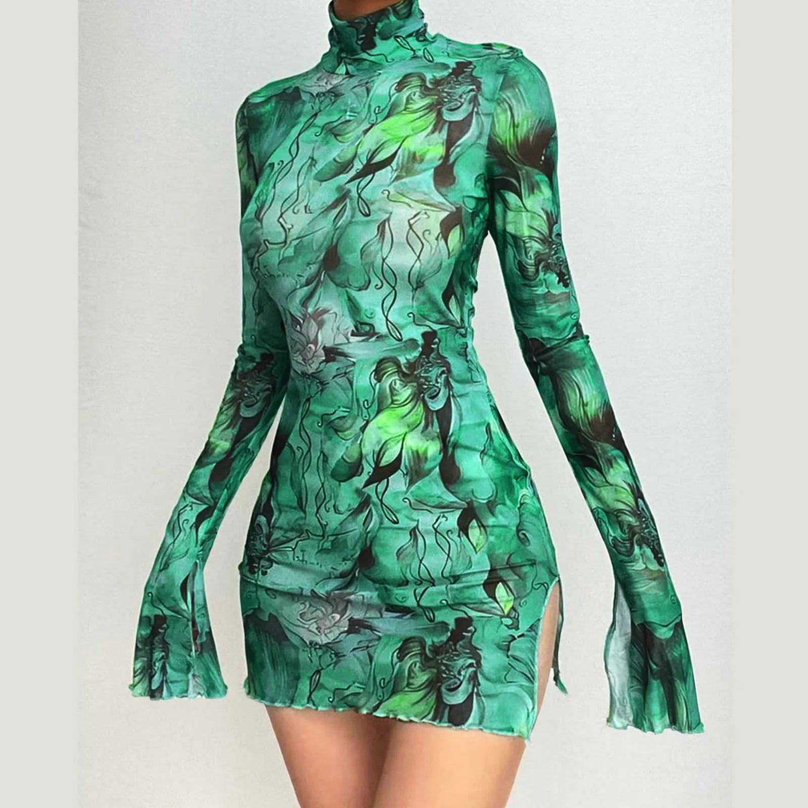 Abstract Mesh Bodycon Mini Dress with Bell Sleeves and Sheer Streetwear Styling