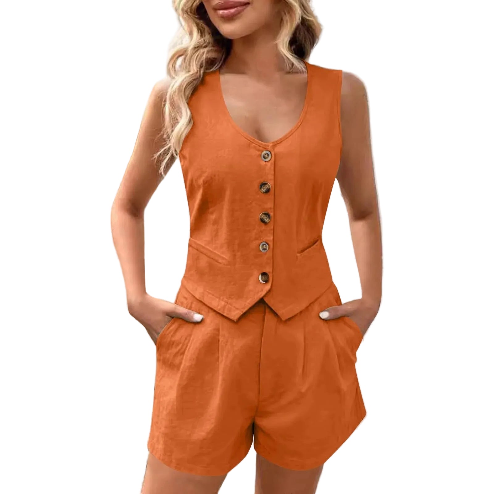 Women's Sleeveless Button Front Vest and Tailored Shorts Summer Matching Set