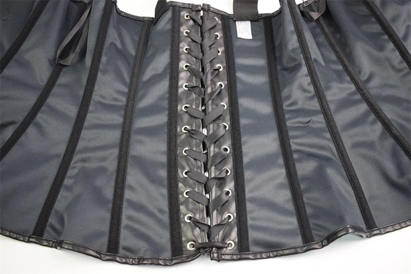 Faux Leather Overbust Harness Corset with Metallic Buckles and Zipper Detail