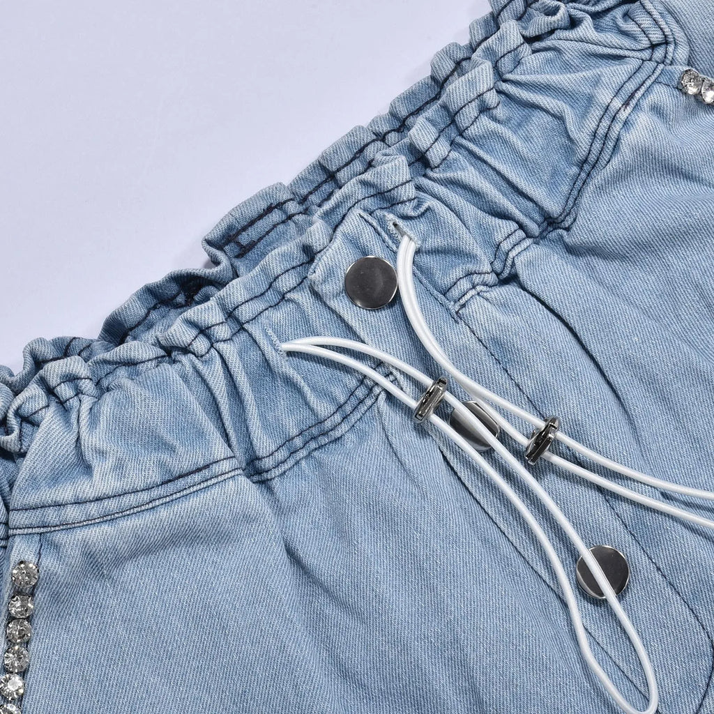 Women's High Waist Denim Style Shorts with Drawstring Waist and Decorative Stud Pocket Details