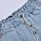 Women's High Waist Denim Style Shorts with Drawstring Waist and Decorative Stud Pocket Details