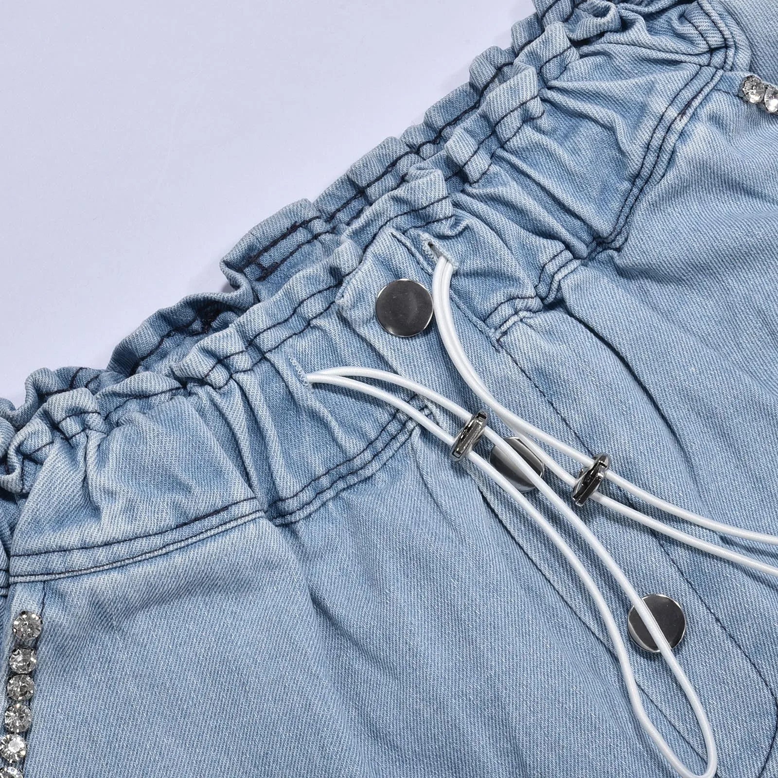 Women's High Waist Denim Style Shorts with Drawstring Waist and Decorative Stud Pocket Details
