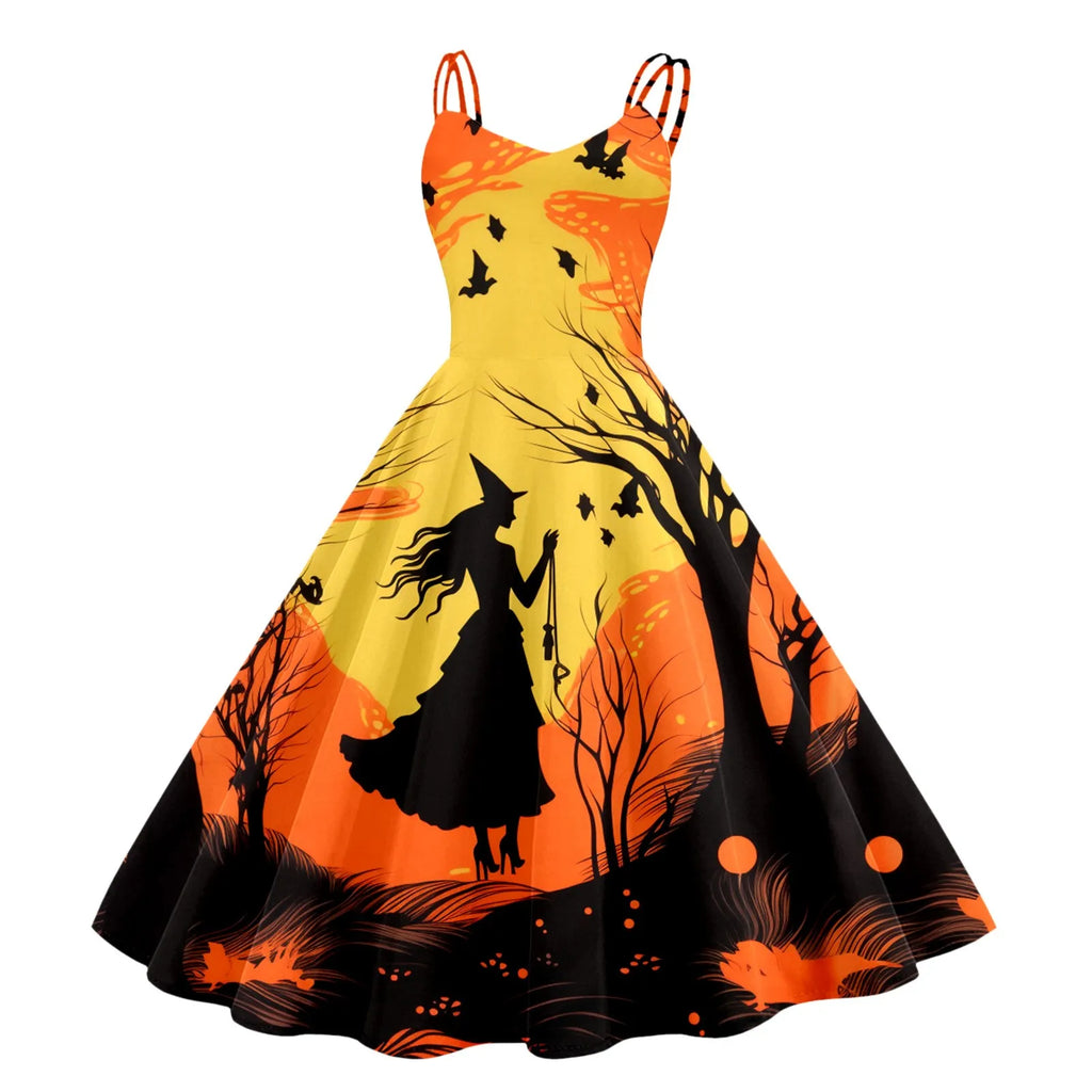 Black and White Bat Print A-Line Swing Dress with Double Spaghetti Straps