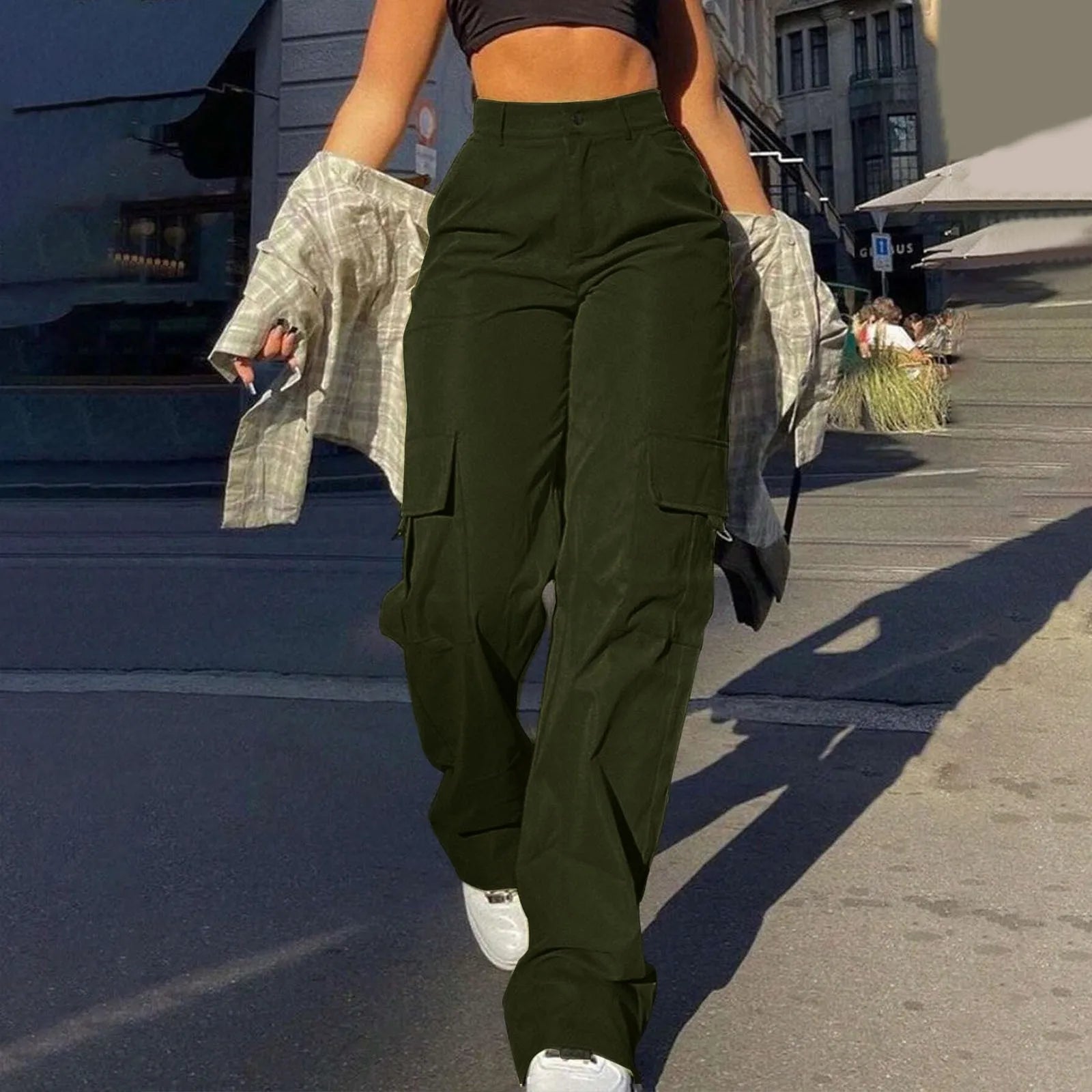 Women's High Waist Wide Leg Utility Trousers with Pocket Casual Streetwear Style