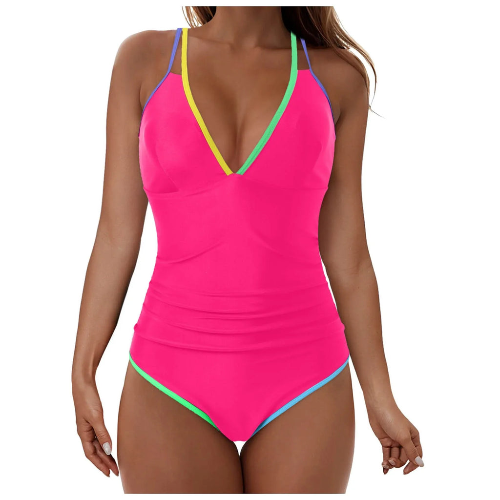 Color-Contrast Deep V-Neck One-Piece Swimsuit with Open Back, Racerback Straps and Sporty Monokini Silhouette