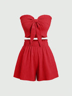 Front Knot Strapless Top and Shorts Summer Casual Co-Ord Set