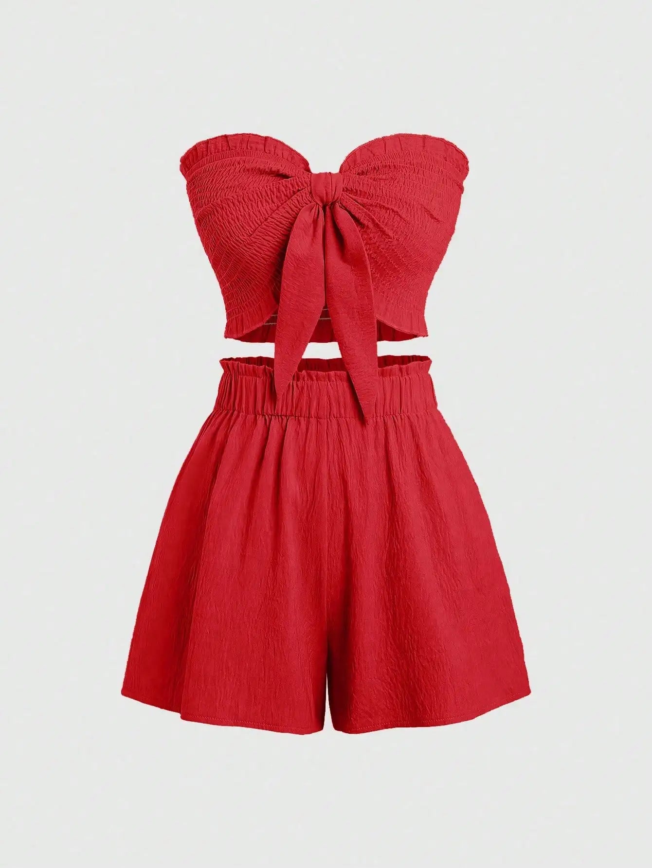 Front Knot Strapless Top and Shorts Summer Casual Co-Ord Set