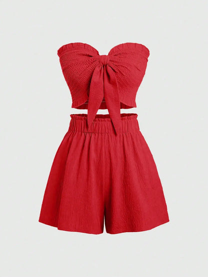 Front Knot Strapless Top and Shorts Summer Casual Co-Ord Set