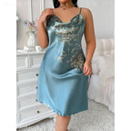 Plus Size Satin-Look Camisole Nightgown with Delicate Floral Print, Lace-Trimmed Neckline and Elegant Slip Silhouette