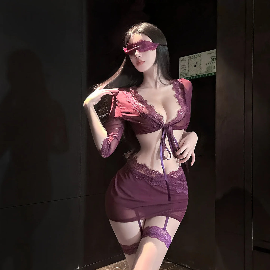 Sheer Plum Mesh and Lace Two-Piece Lingerie Set with Tie-Front Top and Attached Garters