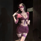 Sheer Plum Mesh and Lace Two-Piece Lingerie Set with Tie-Front Top and Attached Garters