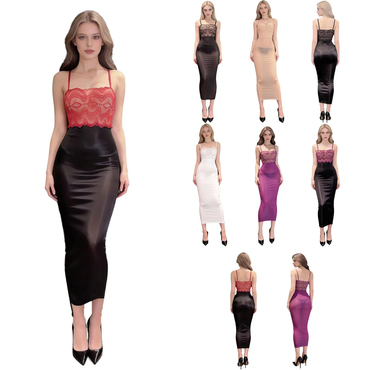Sheer Black Mesh Bodycon Midi Dress with Floral Lace Bodice