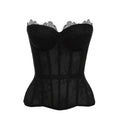 Sheer Black Floral Lace Strapless Bustier with Visible Boning Details