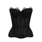 Sheer Black Floral Lace Strapless Bustier with Visible Boning Details