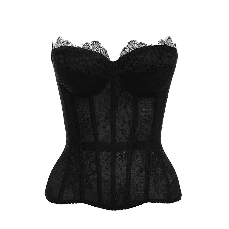 Sheer Black Floral Lace Strapless Bustier with Visible Boning Details