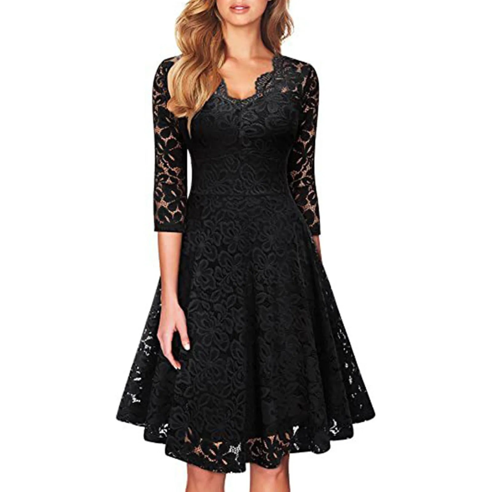 Deep V-Neck Lace Detail Fit and Flare Dress with Half Sleeves