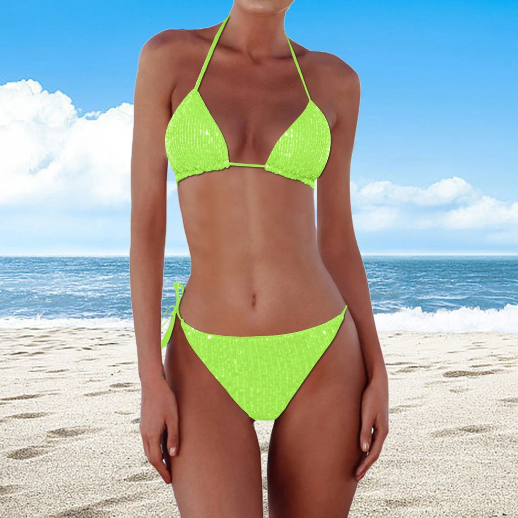 Halter Sequin Bikini Set with Tie Neckline, Knotted Details, Padded Top and High-Waisted Bottom for Beach Vacations